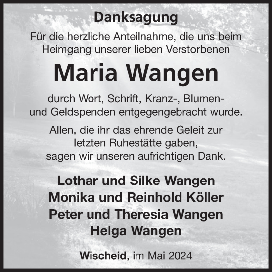 Traueranzeige von Maria Wangen von WochenSpiegel