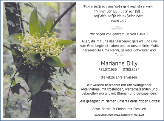 Traueranzeige von Marianne Dilly von WochenSpiegel