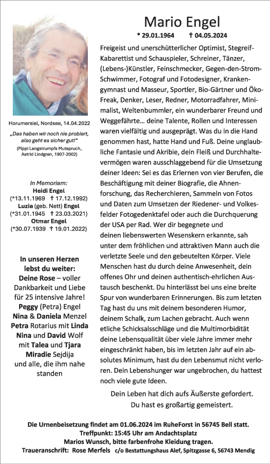 Traueranzeige von Mario Engel von WochenSpiegel
