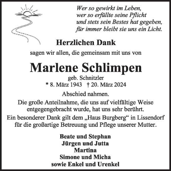 Traueranzeige von Marlene Schlimpen von WochenSpiegel