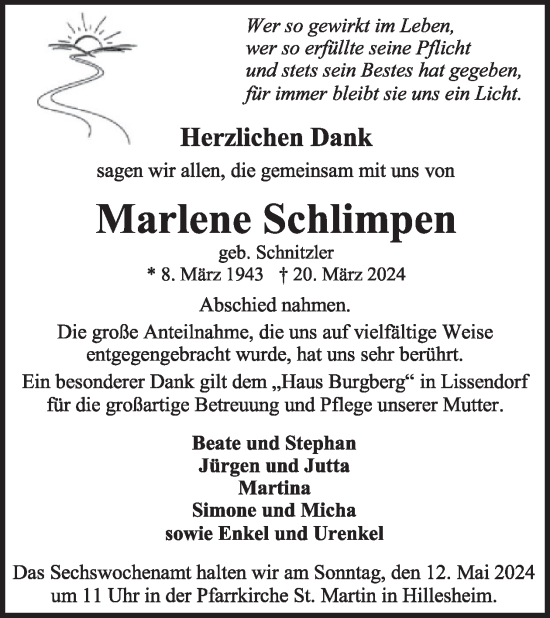 Traueranzeige von Marlene Schlimpen von WochenSpiegel