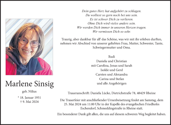 Traueranzeige von Marlene Sinsig von WochenSpiegel
