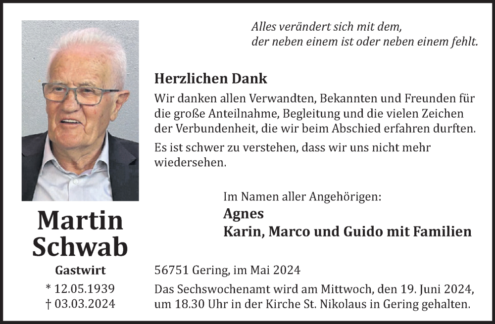  Traueranzeige für Martin Schwab vom 29.05.2024 aus WochenSpiegel