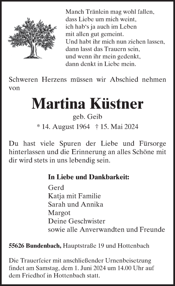  Traueranzeige für Martina Küstner vom 25.05.2024 aus WochenSpiegel