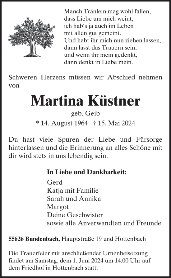 Traueranzeige von Martina Küstner von WochenSpiegel