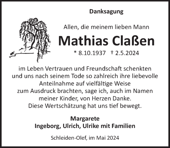 Traueranzeige von Mathias Claßen von WochenSpiegel
