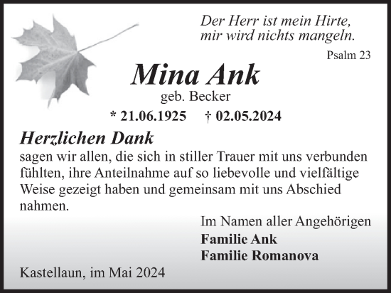 Traueranzeige von Mina Ank von WochenSpiegel