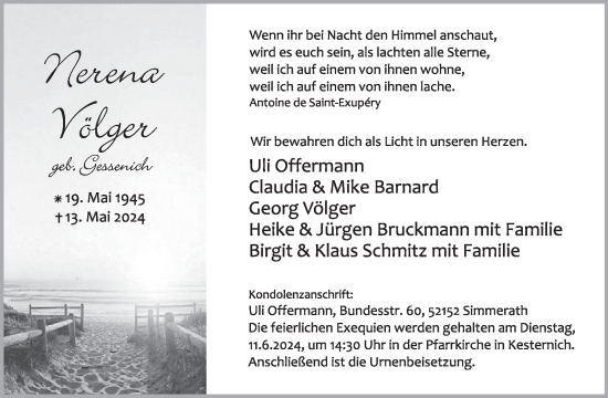 Traueranzeige von Nerena Völger von WochenSpiegel