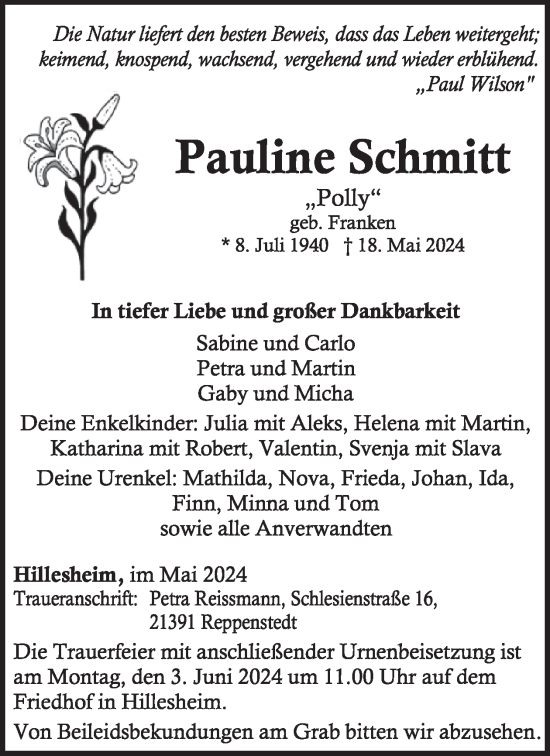 Traueranzeige von Pauline Schmitt von WochenSpiegel