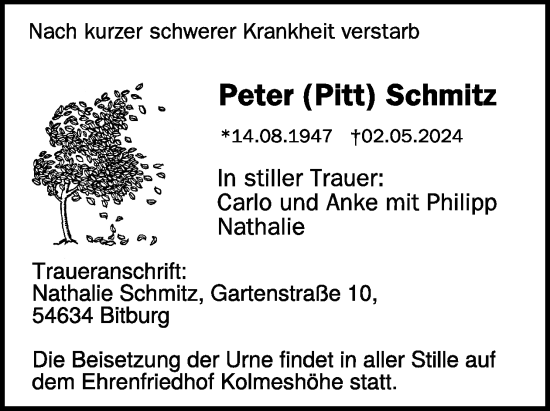 Traueranzeige von Peter Schmitz von WochenSpiegel