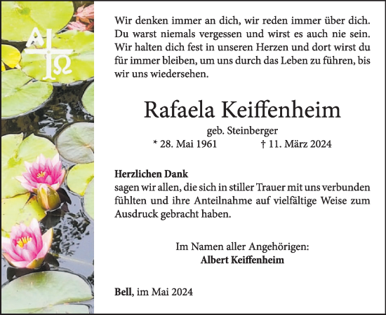 Traueranzeige von Rafaela Keiffenheim von WochenSpiegel