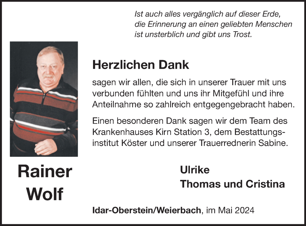 Traueranzeige für Rainer Wolf vom 25.05.2024 aus WochenSpiegel