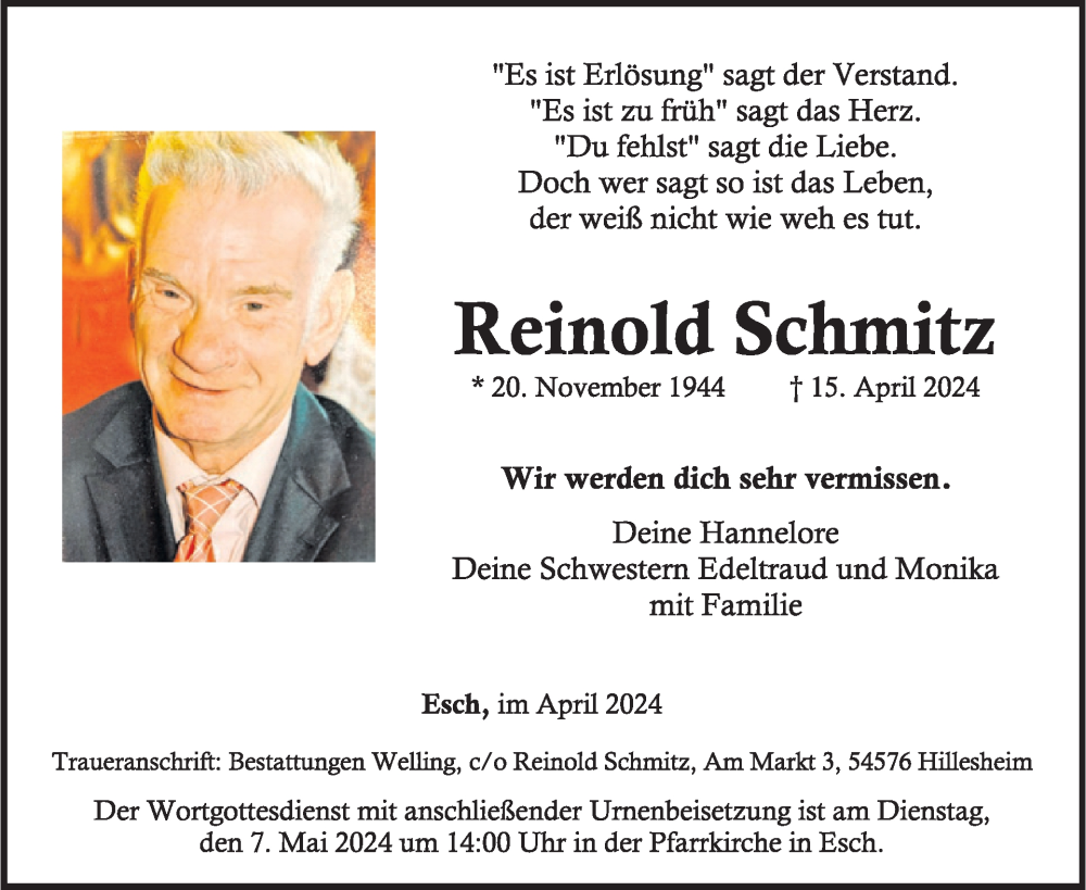  Traueranzeige für Reinold Schmitz vom 04.05.2024 aus WochenSpiegel