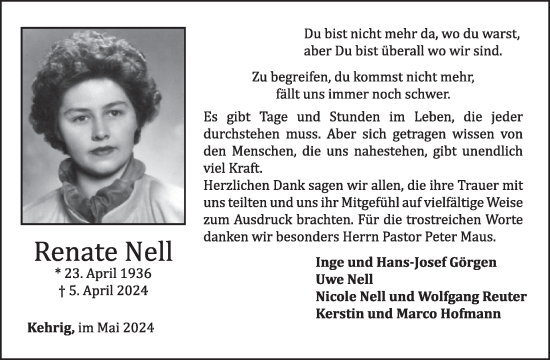 Traueranzeige von Renate Nell von WochenSpiegel