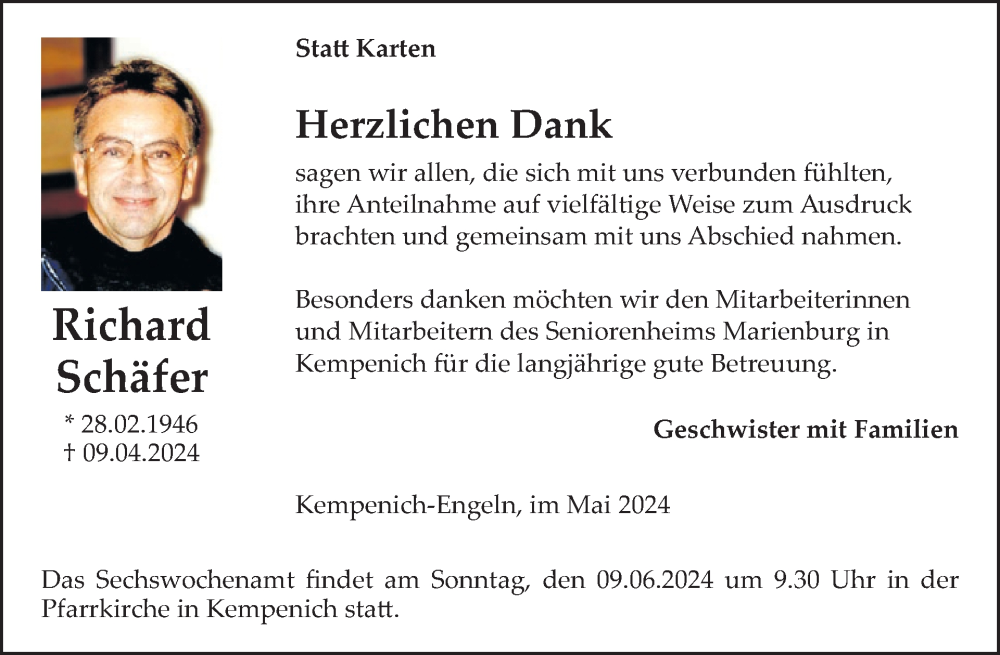  Traueranzeige für Richard Schäfer vom 29.05.2024 aus WochenSpiegel