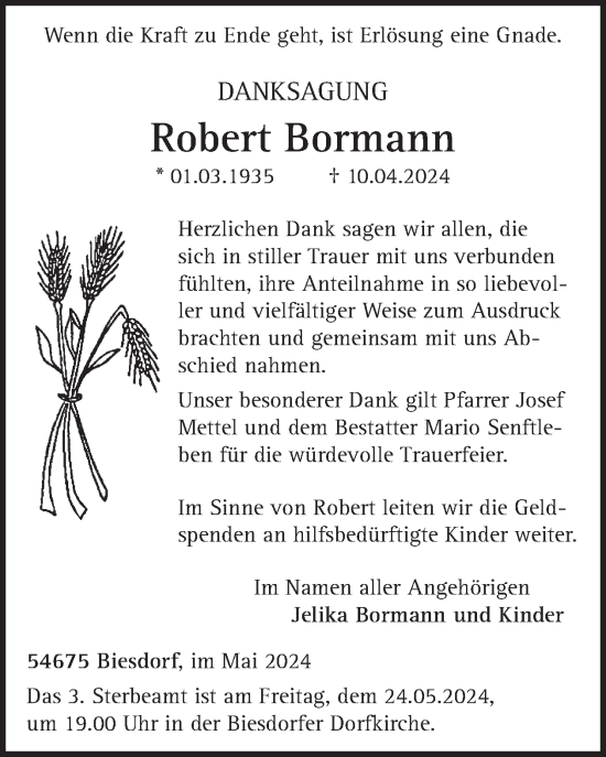 Traueranzeige von Robert Bormann von WochenSpiegel