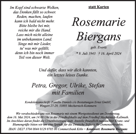 Traueranzeige von Rosemarie Biergans von WochenSpiegel