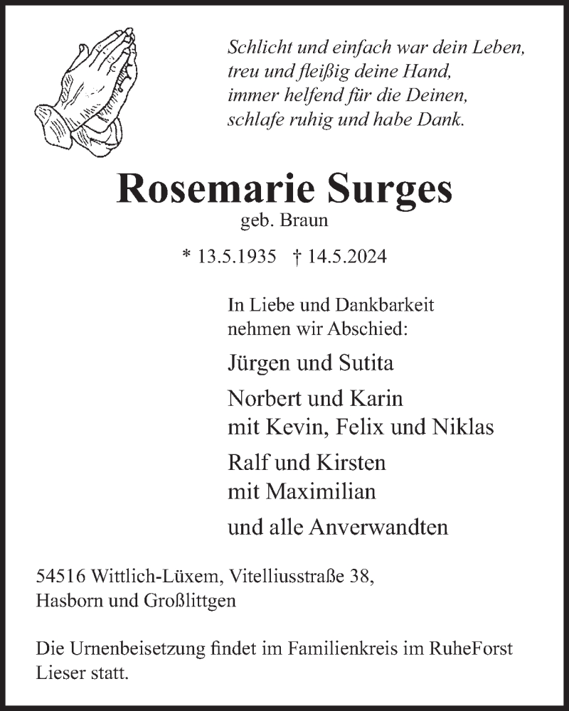  Traueranzeige für Rosemarie Surges vom 24.05.2024 aus WochenSpiegel