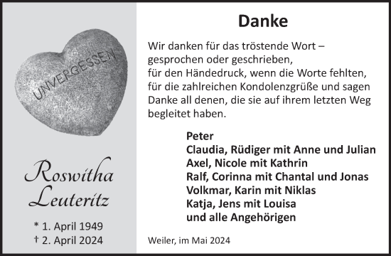 Traueranzeige von Roswitha Leuteritz von WochenSpiegel