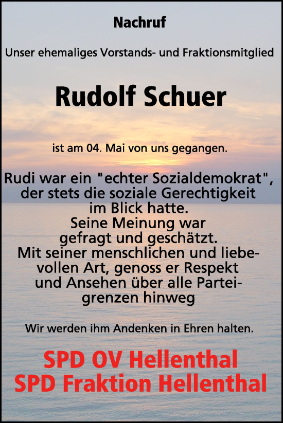 Traueranzeige von Rudolf Schuer von WochenSpiegel Trauer