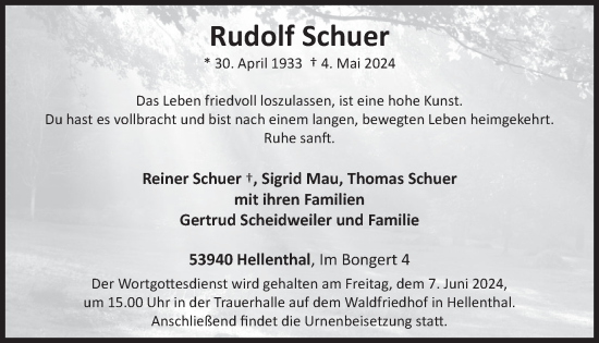 Traueranzeige von Rudolf Schuer von WochenSpiegel
