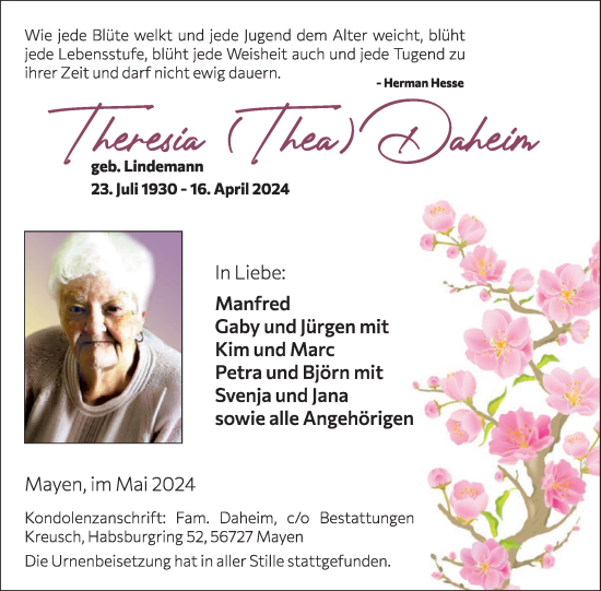 Traueranzeige von Theresia Daheim von WochenSpiegel