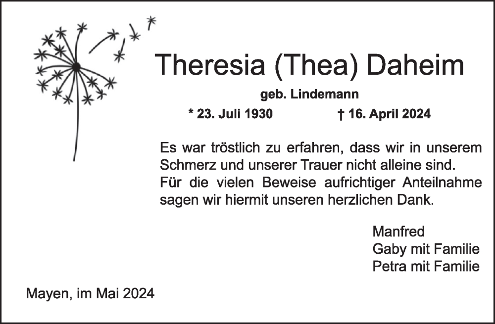  Traueranzeige für Theresia Daheim vom 15.05.2024 aus WochenSpiegel