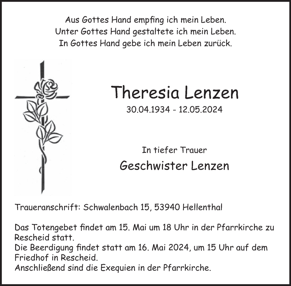  Traueranzeige für Theresia Lenzen vom 14.05.2024 aus WochenSpiegel Trauer