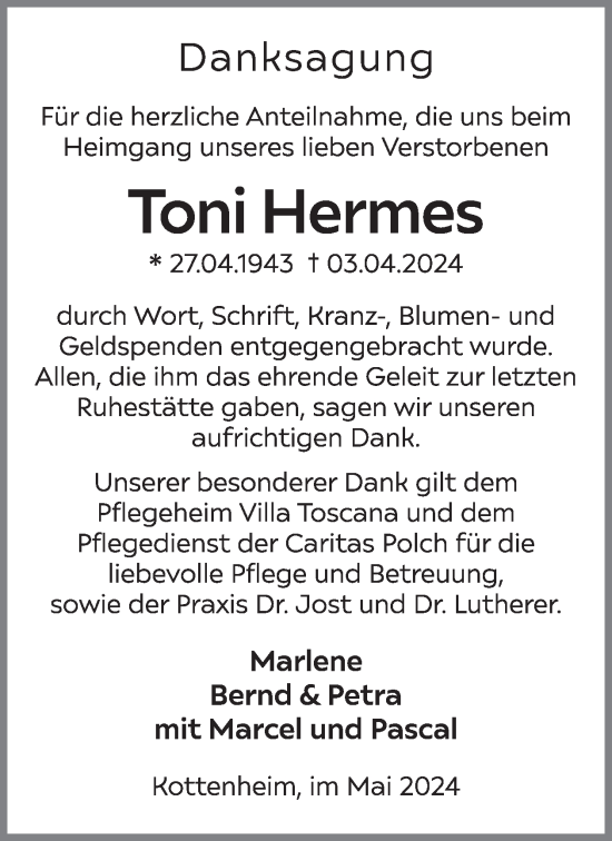 Traueranzeige von Toni Hermes von WochenSpiegel