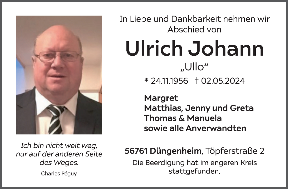  Traueranzeige für Ulrich Johann vom 14.05.2024 aus WochenSpiegel Trauer