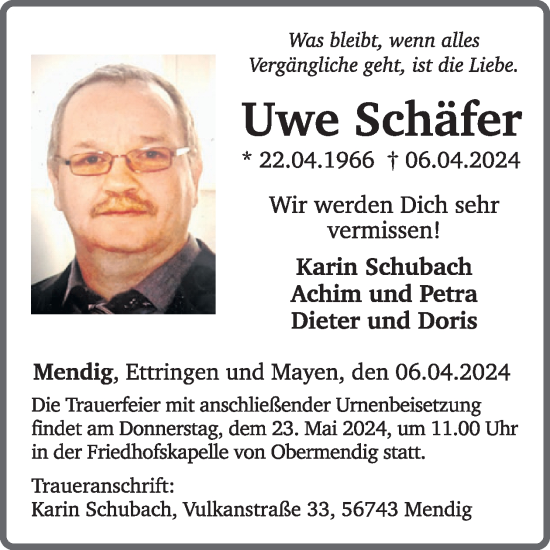 Traueranzeige von Uwe Schäfer von WochenSpiegel