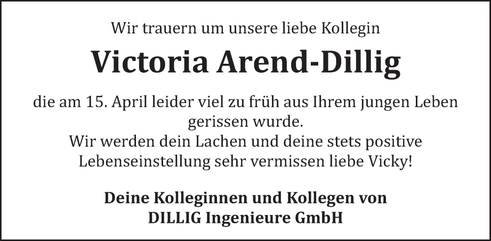  Traueranzeige für Victoria Arend-Dillig vom 04.05.2024 aus WochenSpiegel
