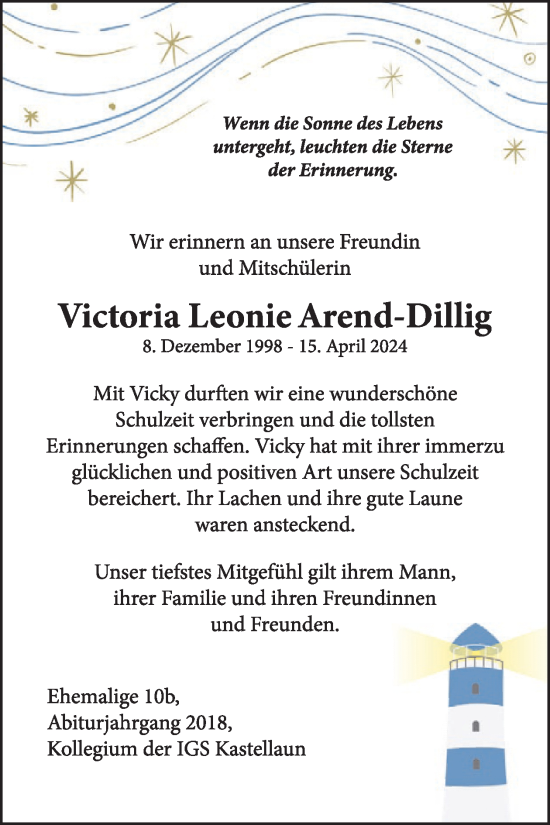 Traueranzeige von Victoria Leonie Arend-Dillig von WochenSpiegel