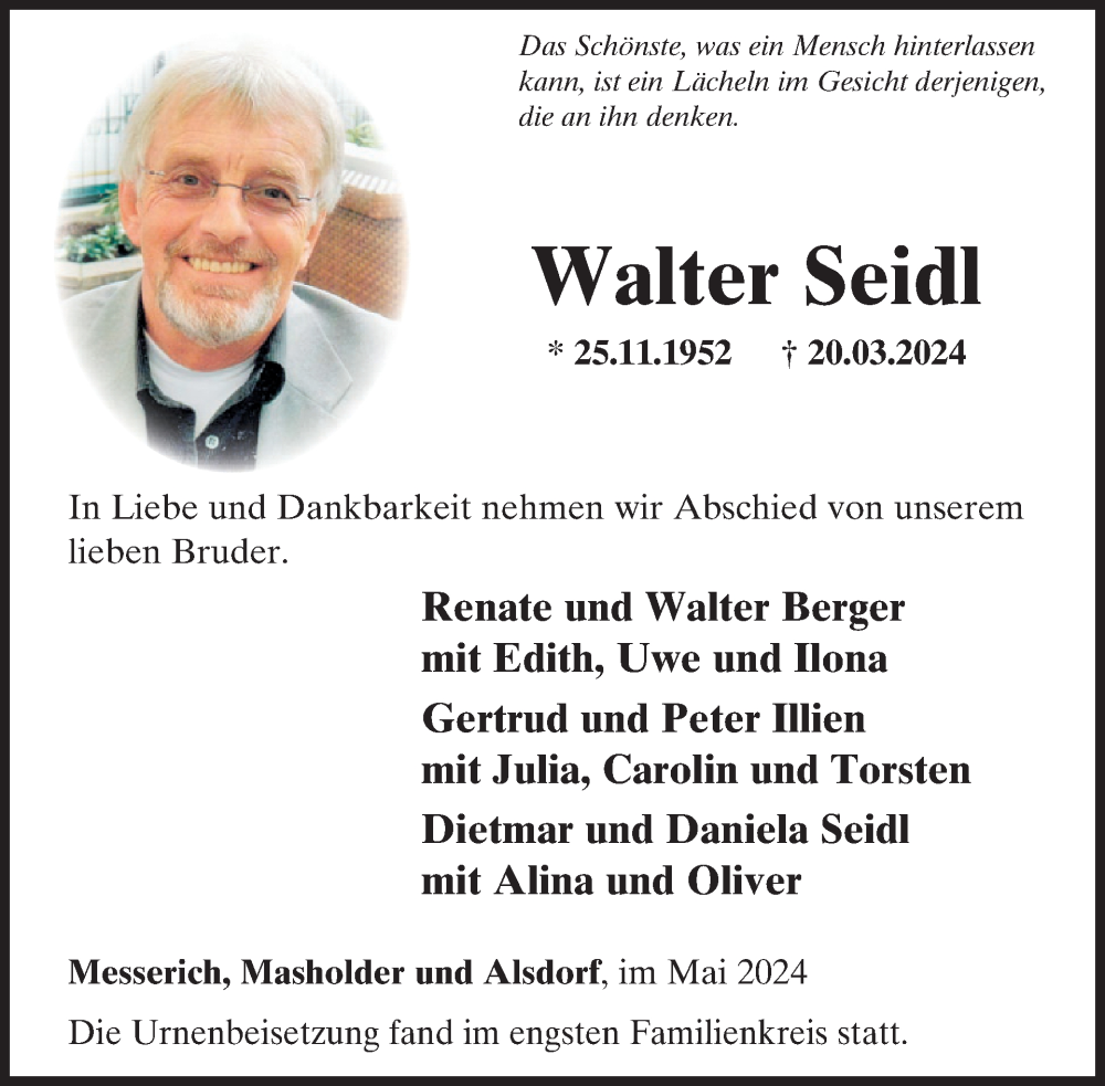  Traueranzeige für Walter Seidl vom 17.05.2024 aus WochenSpiegel