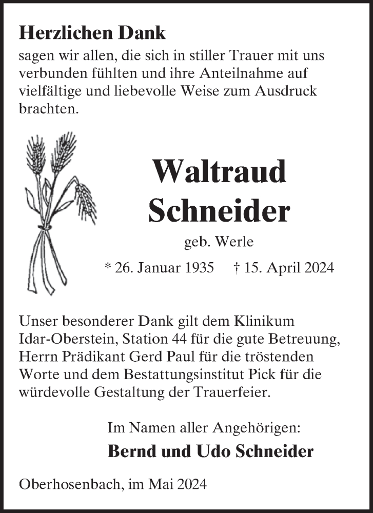  Traueranzeige für Waltraud Schneider vom 11.05.2024 aus WochenSpiegel