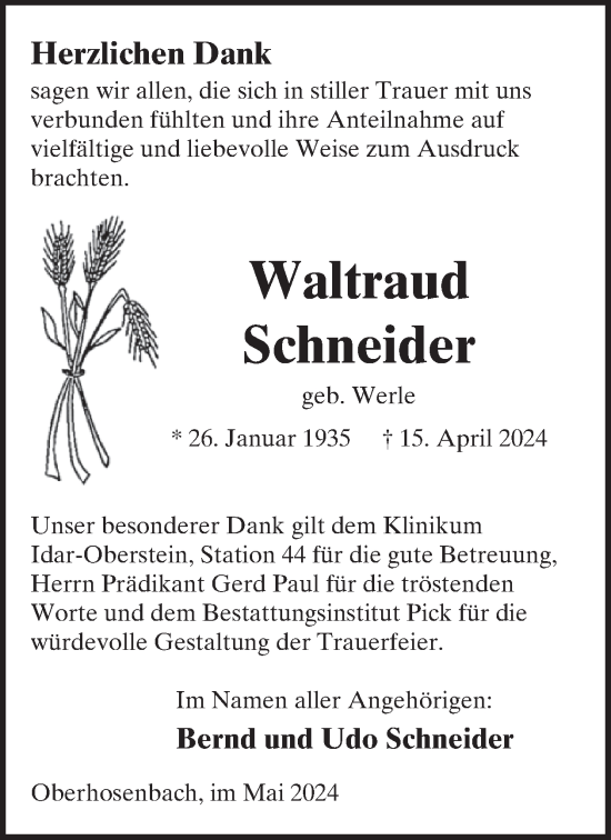 Traueranzeige von Waltraud Schneider von WochenSpiegel