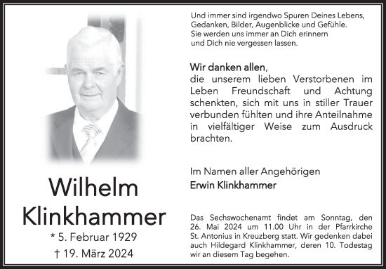 Traueranzeige von Wilhelm Klinkhammer von WochenSpiegel