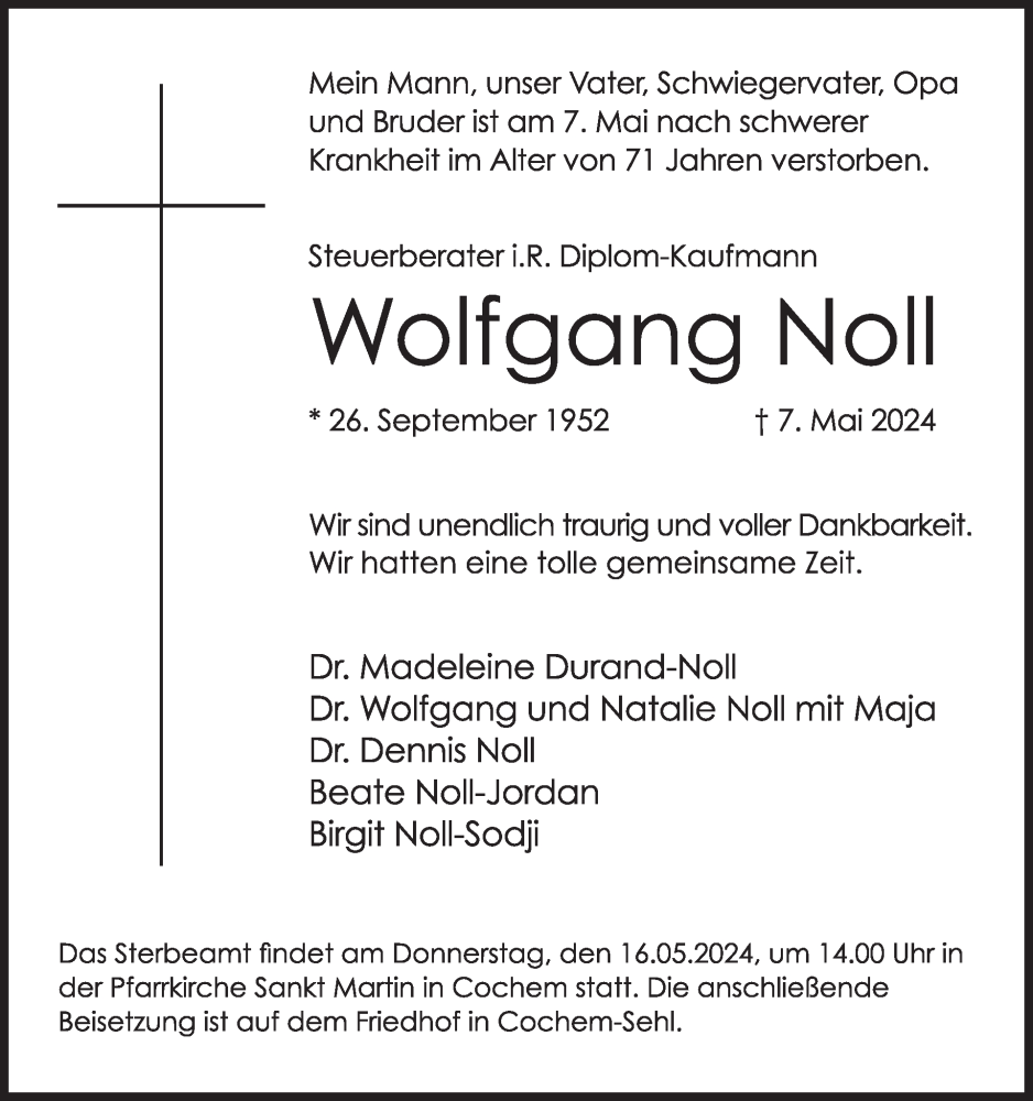 Traueranzeige für Wolfgang Noll vom 14.05.2024 aus WochenSpiegel Trauer
