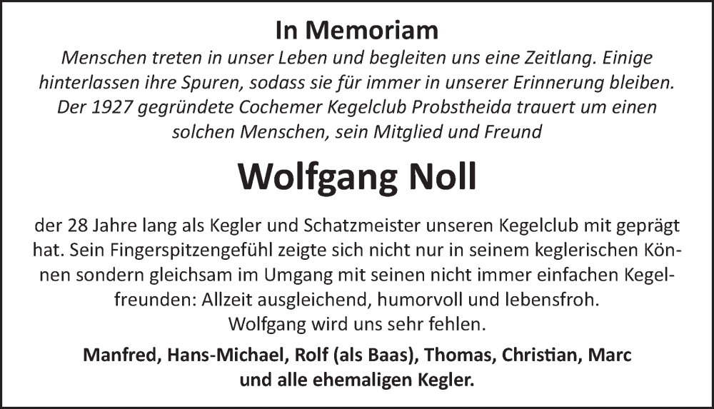  Traueranzeige für Wolfgang Noll vom 22.05.2024 aus WochenSpiegel