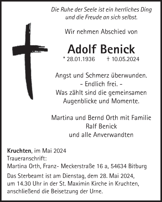 Traueranzeige von Adolf Benick von WochenSpiegel