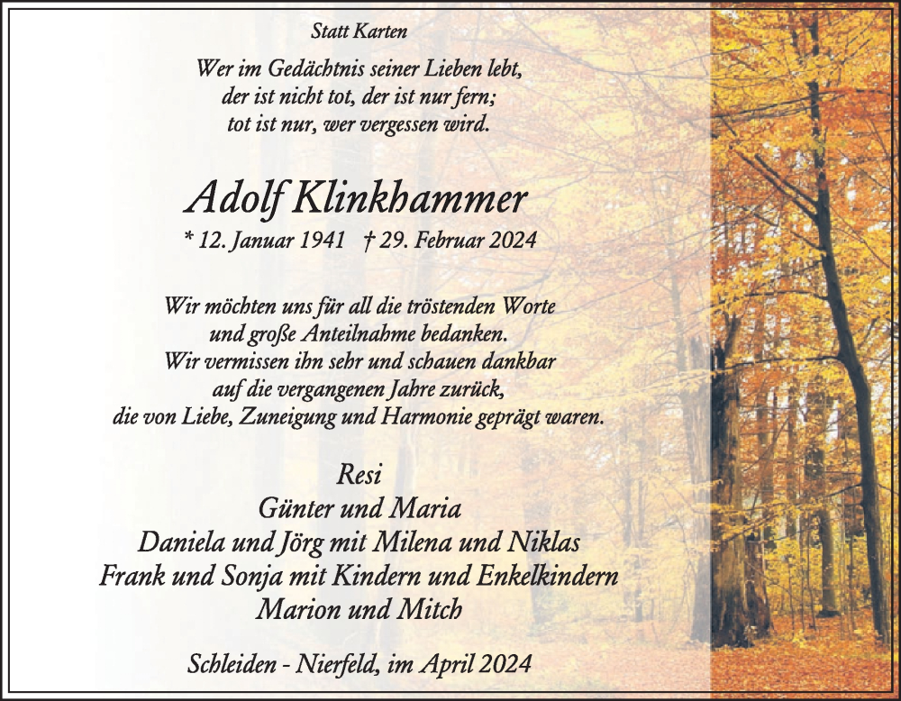  Traueranzeige für Adolf Klinkhammer vom 17.04.2024 aus WochenSpiegel