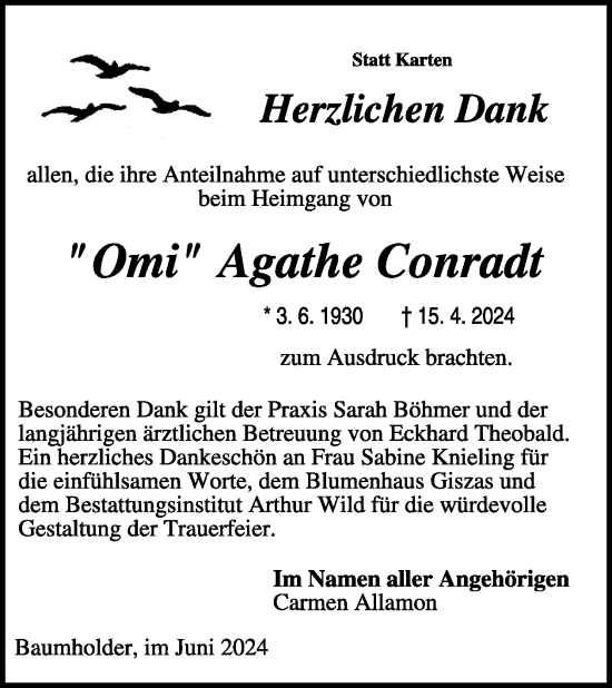 Traueranzeige von Agathe Conradt von WochenSpiegel
