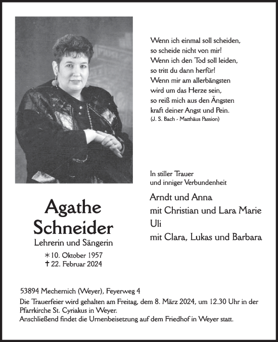 Traueranzeige von Agathe Schneider von WochenSpiegel