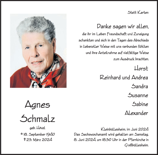 Traueranzeige von Agnes Schmalz von WochenSpiegel