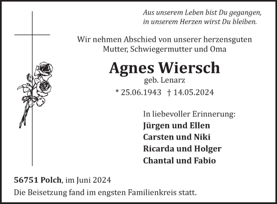 Traueranzeige von Agnes Wiersch von WochenSpiegel