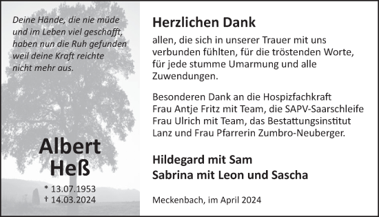 Traueranzeige von Albert Heß von WochenSpiegel