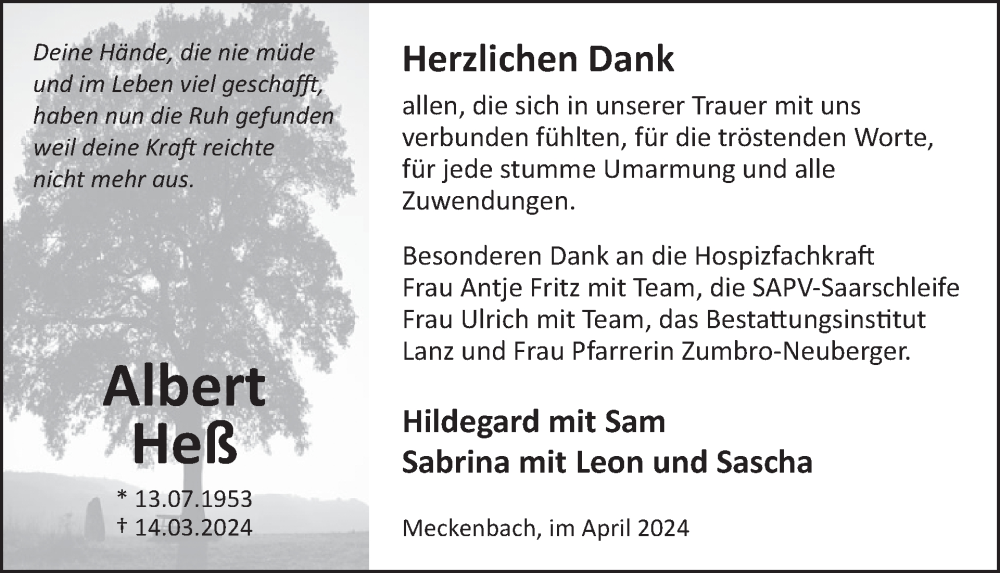  Traueranzeige für Albert Heß vom 20.04.2024 aus WochenSpiegel