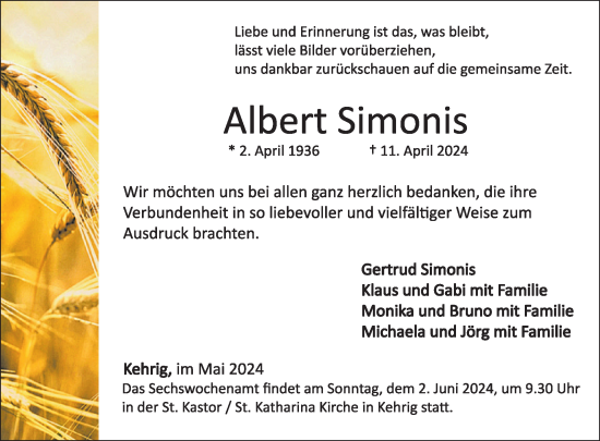 Traueranzeige von Albert Simonis von WochenSpiegel