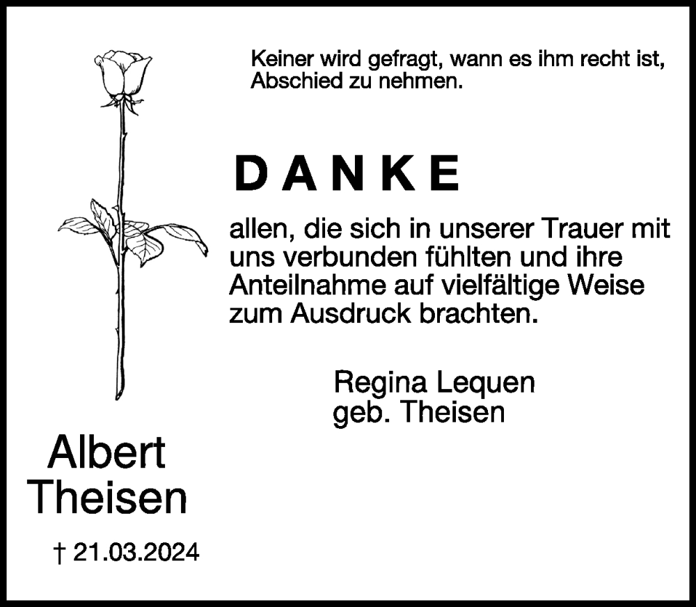 Traueranzeige für Albert Theisen vom 03.05.2024 aus WochenSpiegel