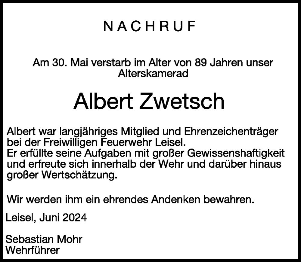  Traueranzeige für Albert Zwetsch vom 22.06.2024 aus WochenSpiegel